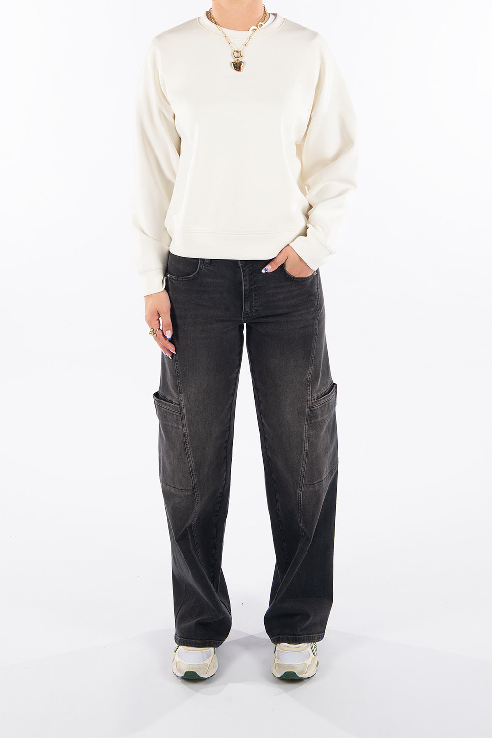 Lola in Washed Black Wide Leg Fit Premium Denim Comfortable Jeans Sustainable [model 2]