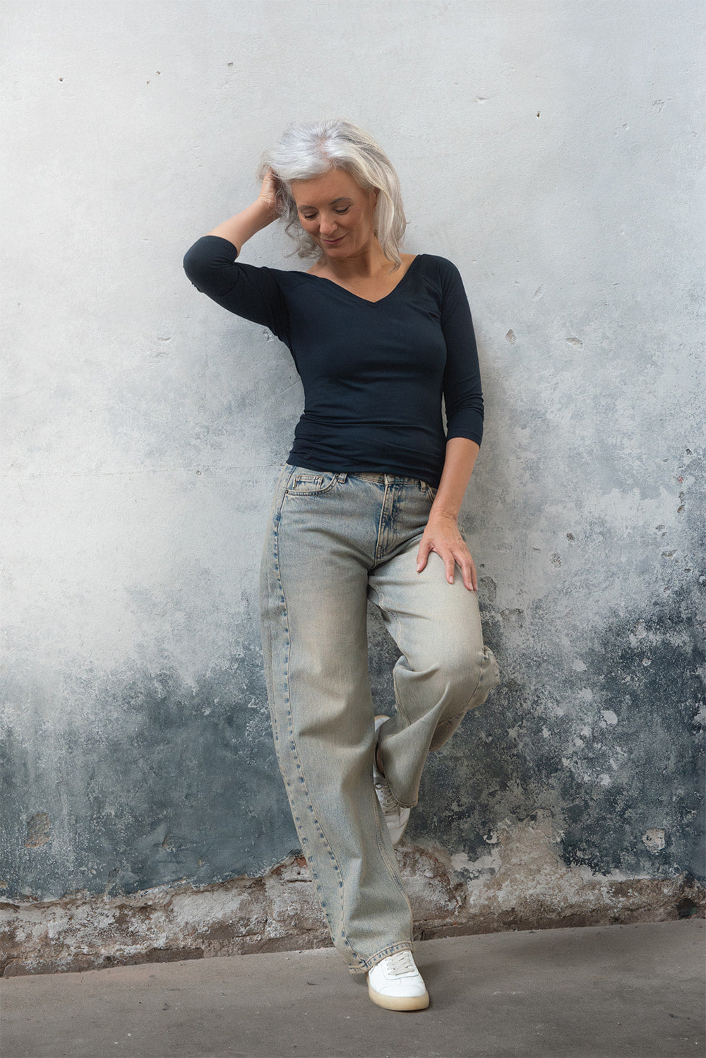 Shapey in Blue Tinted Barrel Fit Premium Denim Jeans Comfortable Sustainable [model 1]
