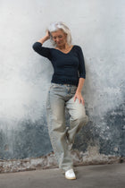 Shapey in Blue Tinted Barrel Fit Premium Denim Jeans Comfortable Sustainable [model 1]