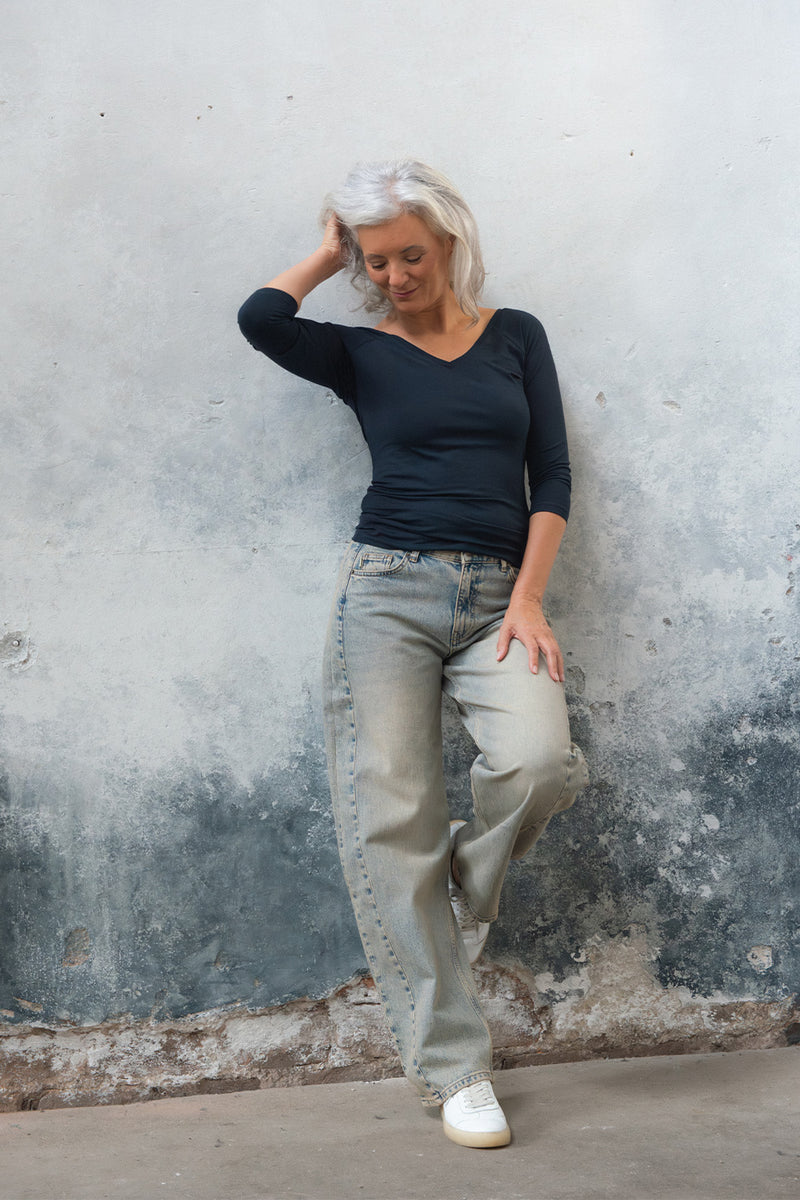 Shapey in Blue Tinted Barrel Fit Premium Denim Comfortable Jeans Sustainable Durable Stretch with Recovery [model 1]